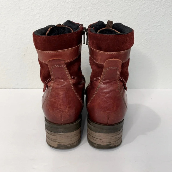 Dromedaris Women's Kara Combat Red Leather + Suede Lace-up Comfort Inside Zip - Picture 3 of 13